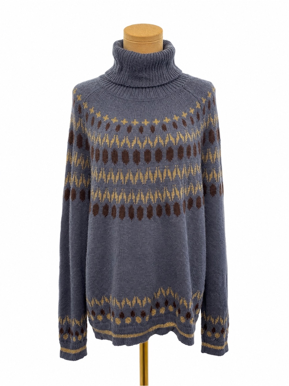 Culture CUthrid Rollneck Sweater XXL Blue Fair Isle Metallic Gold Wool Blend NWT